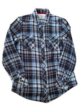 NWOT Garage Men’s Navy and Light Blue Plaid Snap-Down Shacket - Medium